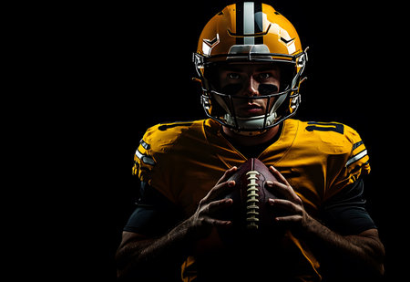Portrait of american football player holding ball while standing against black backgroundの素材