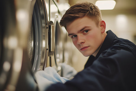 young man in a laundry room with a washing machine, washing clothesの素材