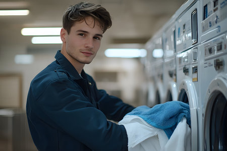 Portrait Of Young Male Worker Washing Clothes In Laundry Roomの素材