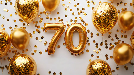 Golden number 70 made of golden balloons on white background with confetti. Birthday or anniversary celebration greeting card. 3D Renderの素材