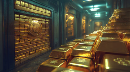 Gold bars in the bank vault. 3D illustration. Retro style.の素材