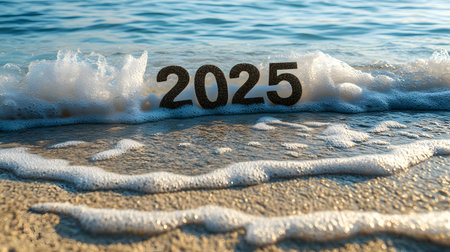 New year 2015 written on the sand with a wave in the backgroundの素材