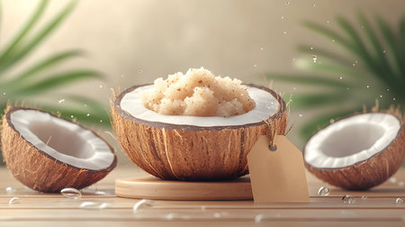 Coconut with splashes on a wooden background. 3d renderingの素材