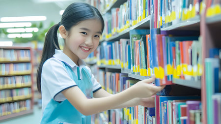 Asian female student in library reading book, education and knowledge concept.の素材