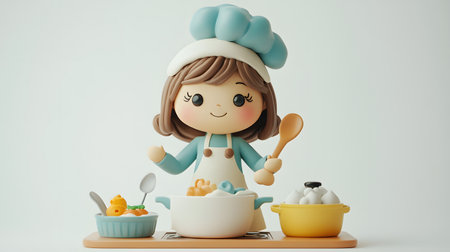Cute little chef girl cooking in the kitchen. 3d renderingの素材