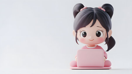 Cute kawaii little girl with laptop on white background.の素材
