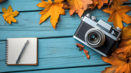 Retro camera, notebook and autumn leaves on blue wooden background.の素材