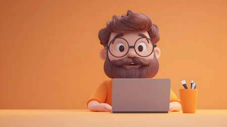 3D Render of Cartoon Character Freelancer Working with Laptopの素材