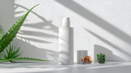 Cosmetic bottle mockup with aloe vera leaves. 3D renderingの素材