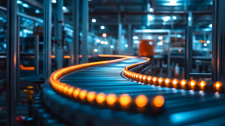 A conveyor belt in a modern factory. Conveyor belt in a factory. Industrial backgroundの素材