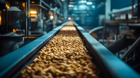 Coffee beans on conveyor belt in modern beverage factory.の素材
