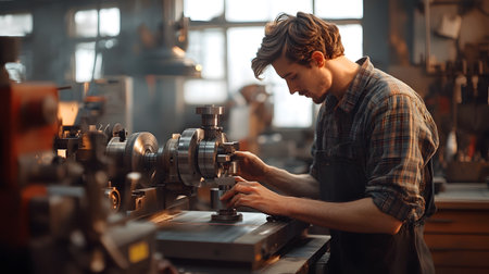 Portrait of young caucasian man working on lathe machine in factoryの素材