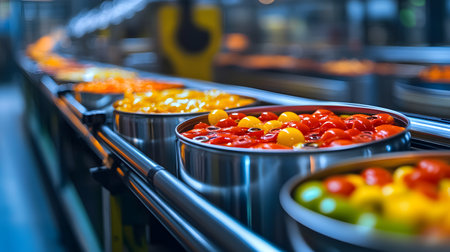 Colorful cherry tomatoes in metal bowls on conveyor belt in supermarketの素材
