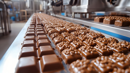 Production line of the chocolate factory. Conveyor belt with chocolate candies. Industrial backgroundの素材
