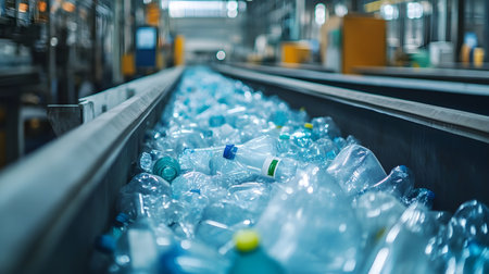 Plastic bottles on conveyor belt in factory. Industrial background.の素材