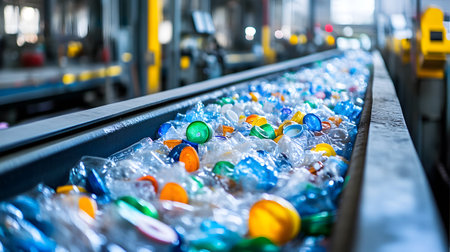 Plastic bottles on conveyor belt in factory. Industrial background.の素材