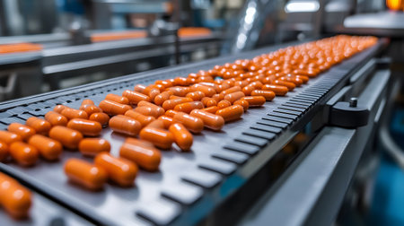 Conveyor belt with orange pills on production line in modern factoryの素材