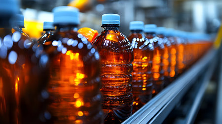 Bottles of water on conveyor belt in factory, closeupの素材