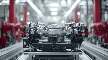 Car engine assembly line. Automotive industry. 3d rendering.の素材