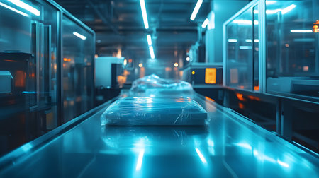 Empty conveyor belt in a modern factory. 3d rendering.の素材