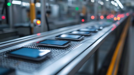Smartphones on conveyor belt in modern factory, shallow depth of fieldの素材