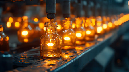 Bottle production line in factory. Industrial background. Selective focusの素材