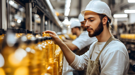 selective focus of young man in helmet holding bottle of sunflower oilの素材