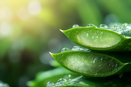 Aloe vera plant with dew drops on green background.の素材