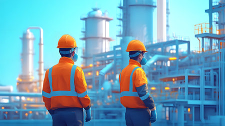 Two industrial workers in orange uniforms and helmets are standing in front of an oil refinery.の素材