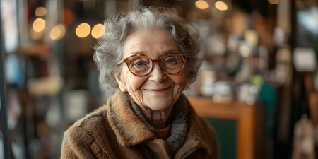 Portrait of senior woman in eyeglasses looking at camera in cafeの素材