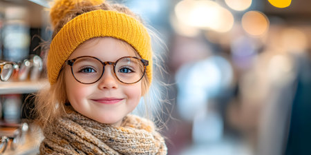 Portrait of a cute little girl wearing glasses and a knitted hatの素材