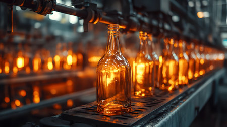 Bottling line of wine in bottles on the conveyor belt.の素材