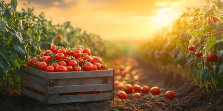 Ripe red tomatoes in a wooden box on a field at sunset.の素材