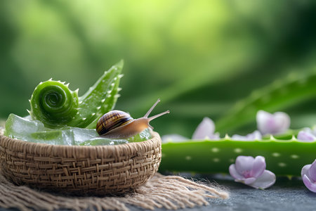 Aloe vera gel with fresh aloe vera leaves and snail.の素材