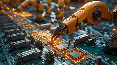 Close-up of robot hand working on electronic circuit board. 3D renderingの素材