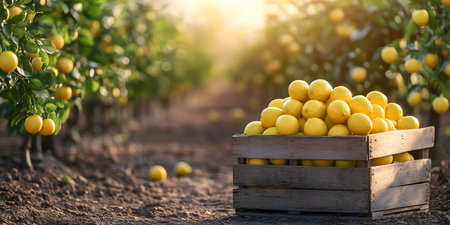 Lemon harvest in a wooden box on the background of the fieldの素材