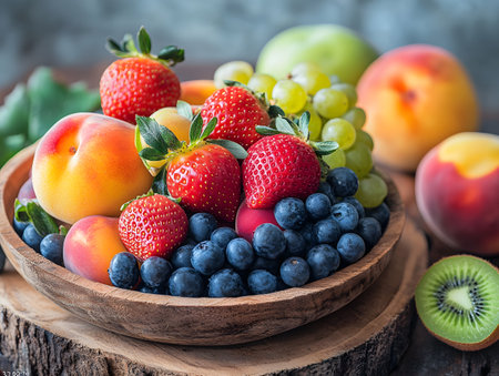 Fresh fruits in a wooden bowl on a rustic wooden table.の素材