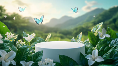 3d render of white podium with green leaves and butterflies flying in the backgroundの素材