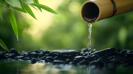 Pouring water into black stones in water with bamboo on background.の素材