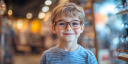 Portrait of little boy in eyeglasses looking at camera in shopの素材