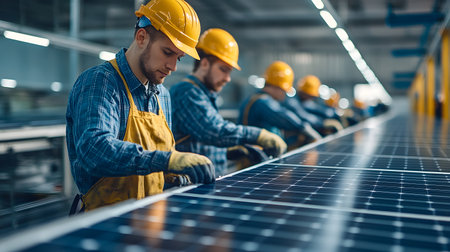 Low angle view of workers working on solar panel in solar power plantの素材