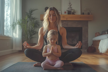 Mother and daughter doing yoga at home. Young mother and her daughter are practicing yoga together.の素材