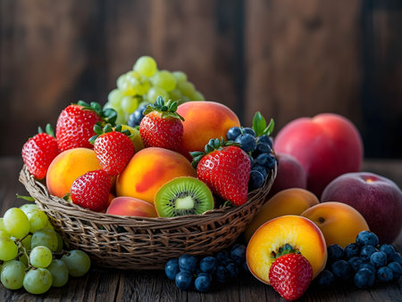 Fruits in a basket on a wooden background. Healthy food.の素材
