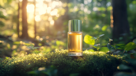 Bottle of perfume on green moss in the forest at sunset.の素材