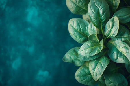 Green leaves of spinach on a turquoise background. Copy space.の素材