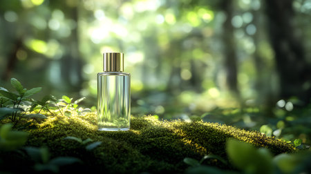 Perfume bottle on green moss in the forest, 3d renderの素材