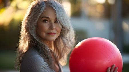 Portrait of beautiful young woman with fitness ball in the park.の素材