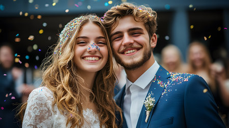 Happy bride and groom with confetti and ribbons on their wedding dayの素材