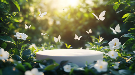 White podium in the garden with flying butterflies. 3d rendering.の素材