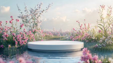 3d render of white podium on the background of blooming flowers.の素材